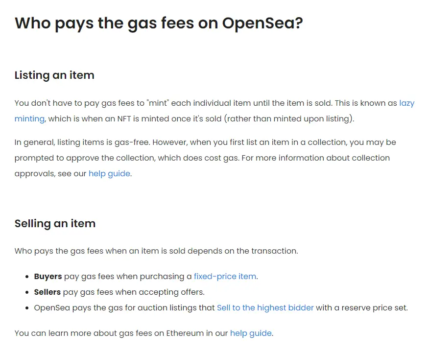 OpenSea gas fee structure