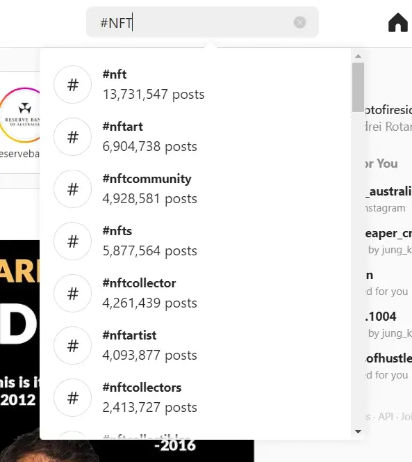 NFT hashtags on Instagram