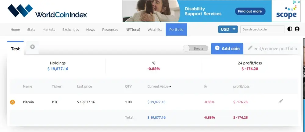 WorldCoinIndex Portfolio simple result