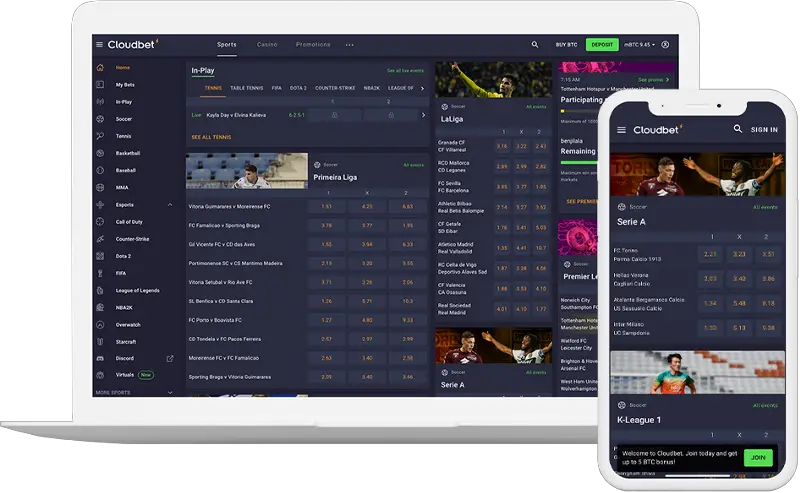An image showing Cloudbets solution on a desktop laptop and mobile. It shows betting options and odds with different sports selections from inside the app.