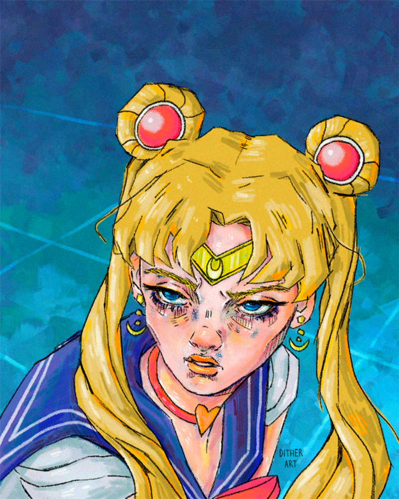 A picture of an NFT. Digital colourful artwork of a Sailor Moon style girl charachter with blonde hair, pig tails in the typical sailor girl outfit.