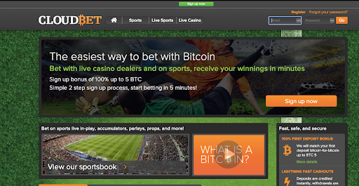 A screenshot of Cloudbets solution from February 2014. It shows the homepage from a desktop application with some sports images, video, signup and login options.