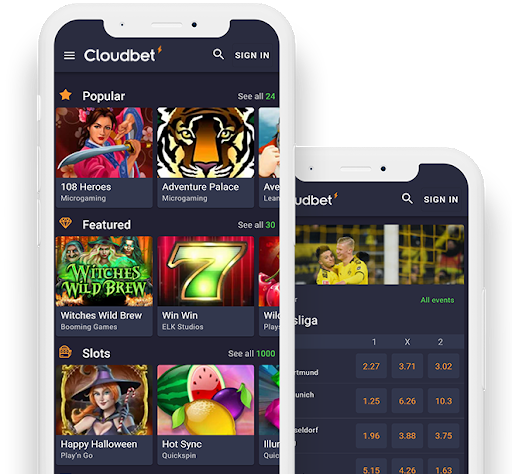 Screenshot of Cloudbet application on mobile and tablet showing colorful images of slots, games and sports