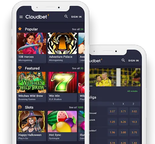 Screenshot of Cloudbet application on mobile and tablet showing colorful images of slots, games and sports