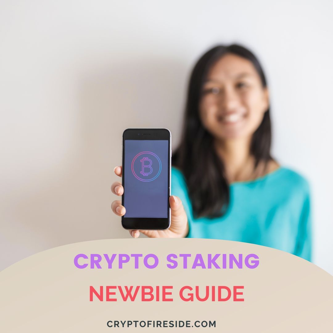 A woman holding a phone with a Bitcoin logo on it.