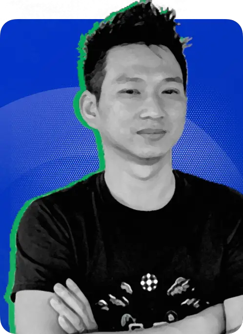 A photo of Zon Chu from MyConstant in black and white with a blue background.