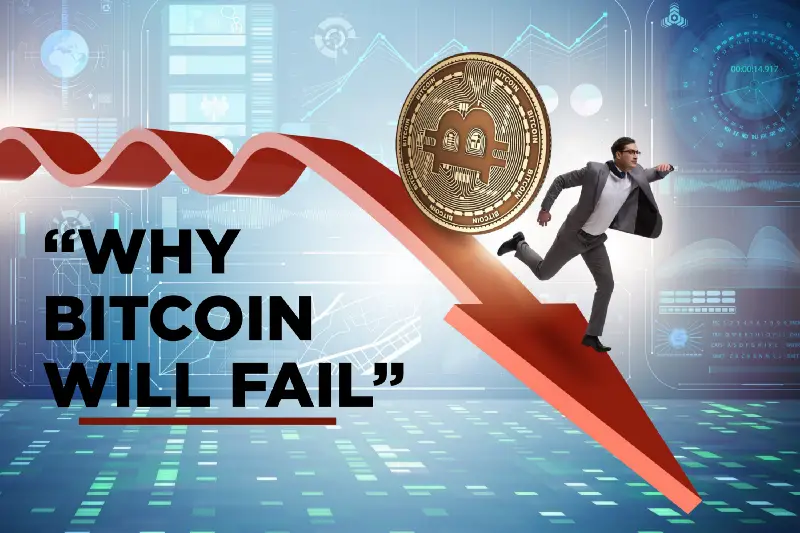 A golden Bitcoin is rolling down a red arrow and a man dressed in a grey suit is running down ahead of the Bitcoin symbol